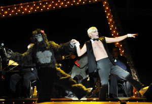 (Left to right) Josh Tobin as the gorilla and Taylor Mac as the Emcee in "Cabaret." (photo by Jon Gardiner)