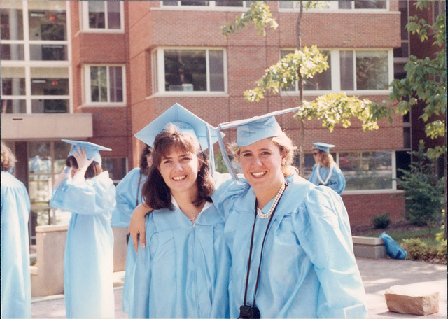 Nancy (left) and Susan at their 1988 Carolina graduation.