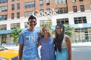 Patrick Lung, left, and Pranati Panuganti, right, with Abby Bouchon, a 2013 UNC graduate working at Goggle ini New York.