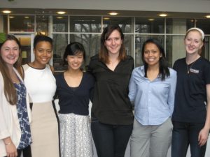 From left to right, fellowship recipients are Chloe Imus, April Peterson, Jaclyn Wu, Lydia Thompson, Anuradha Bhowmik and Maggie Walker. Adrianna (Grace) Farson is absent.  