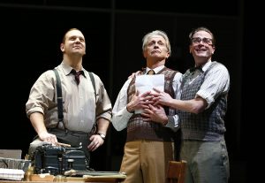 Left to right: Benjamin Curns as Hovstad, Michael Bryan French as Dr. Stockmann and Gregory DeCandia as Billing in PlayMakers Repertory Company’s production of “An Enemy of the People.”  (Photo by Jon Gardiner) 