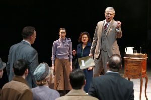 The Ensemble (Allison Altman as Petra, Julia Gibson as Mrs. Catherine Stockmann and Michael Bryan French as Dr. Stockmann in PlayMakers Repertory Company’s production of “An Enemy of the People.” (Photo by Jon Gardiner) 