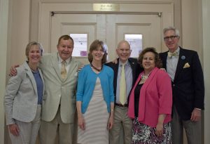 Appearing at a recent "closing ceremony" for Hill Hall were from left, Dean Karen Gil, Tom Kenan, Susan and James Moeser, Louise Toppin and Douglas Zinn, executive director of the Kenan Trust. (photo by Kristen Chavez)