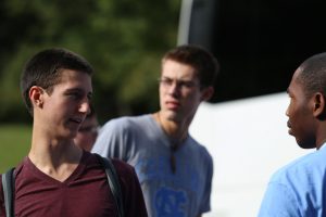 Mason Lantay and Doni Holloway talk during the annual First-Year Males Retreat. (photo by Brandon Bieltz)