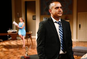 Left to right: Nicole Gabriella Scipione as Emily and Rajesh Bose as Amir in PlayMakers Repertory Company’s production of “Disgraced” by Ayad Akhtar.  (Photo by Jon Gardiner) 