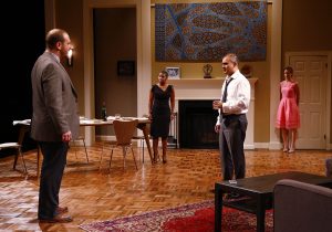 Left to right: Benjamin Curns as Isaac, Rasool Jahan as Jory, Rajesh Bose as Amir and Nicole Gabriella Scipione as Emily in PlayMakers Repertory Company’s production of “Disgraced” by Ayad Akhtar.  (Photo by Jon Gardiner) 