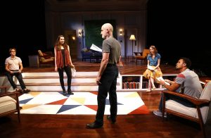 Left to right: Schuyler Scott Mastain as Douglas, Allison Altman as Izzy, Ray Dooley as Leonard, Carey Cox as Kate and Myles Bullock as Martin in PlayMakers Repertory Company’s production of “Seminar.” (photo by Jon Gardiner)