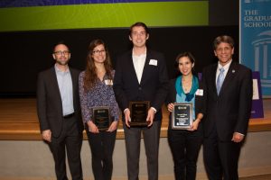 From left to right, Brian Rybarczyk, director of Academic and Professional Development, The Graduate School; Kayla Peck, 3MT People’s Choice awardee; Nick Wagner, 3MT campus winner; Nicole Bauer, 3MT runner-up; and Steve Matson, dean of The Graduate School.