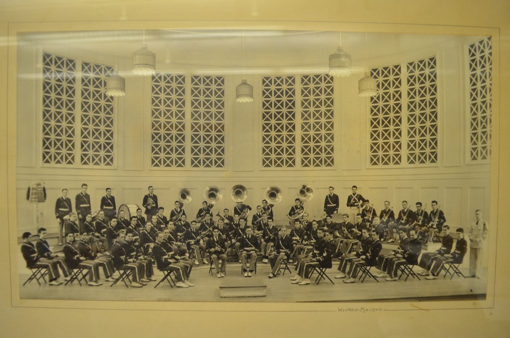 UNC Band, ca. 1941, in the Hill Hall auditorium. North Carolina Collection, University of North Carolina Library at Chapel Hill.