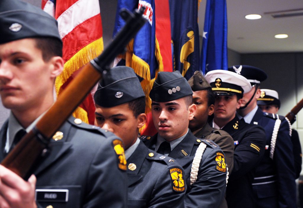 Members of the Color Guard advance the colors at the 2009 Veterans Day Ceremony at the University of North Carolina at Chapel Hill Wednesday (Nov. 11).