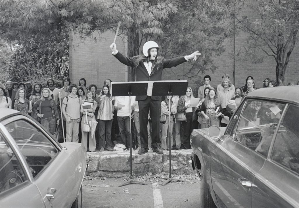 Car concert outside Hill Hall, 1970s. North Carolina Collection, University of North Carolina Library at Chapel Hill.