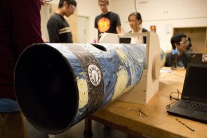 Student telescope-makers were inspired by Van Gogh’s "Starry Night," but added UNC’s Morehead-Patterson Bell Tower for a Tar Heel twist. (photo by Kristen Chavez) 