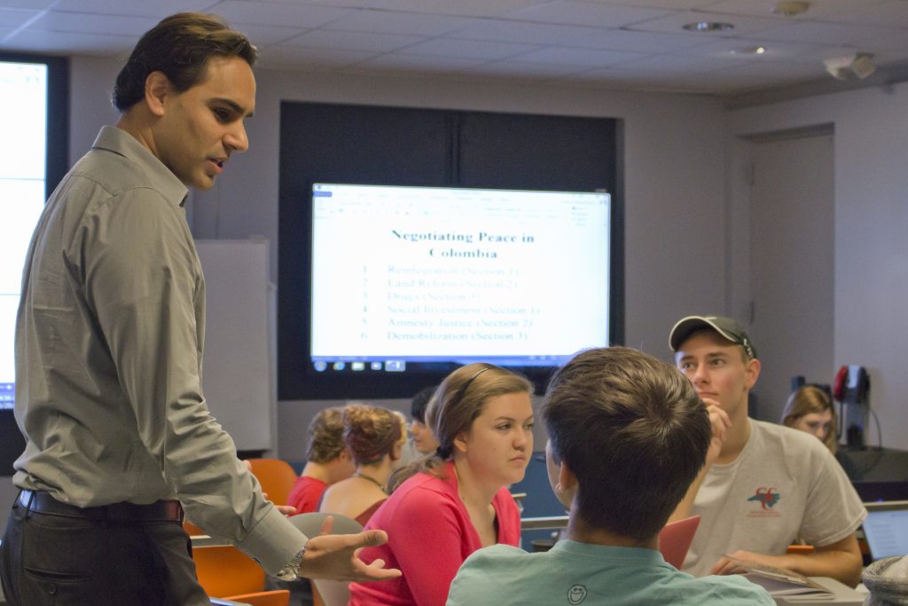 Miguel La Serna teaches history in renovated Greenlaw 101, the first interactive lecture hall on Carolina’s campus.
