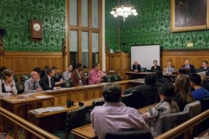 Andrew Reynolds and Logan Casey, along with other advocates for the global transgender community, presented their findings on trans* people in electoral politics at the British Parliament in November. (Photo courtesy of Andrew Reynolds) 
