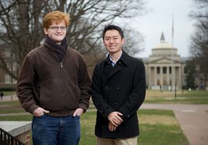 Matt Leming (left) and Larry Han, recipients of the Gates Cambridge Scholarship, are seen on the campus of the University of North Carolina at Chapel Hill. (photo by Jon Gardiner/UNC-Chapel Hill)