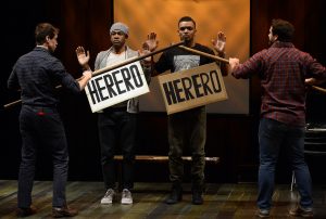 From left to right: SCHUYLER SCOTT MASTAIN as Actor 1/White Man, GENESIS OLIVER as Actor 4/Another Black Man, MYLES BULLOCK as Actor 2/Black Man and NATHANIEL KENT as Actor 3/Another White Man in "We Are Proud to Present ..." (photo by Jon Gardiner) 