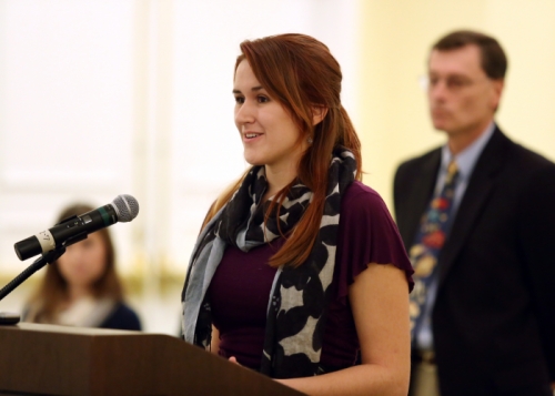 Undergraduate student Jenny Hughes presents on behalf of the Institute of Marine Sciences. (photo by Melanie Busbee)