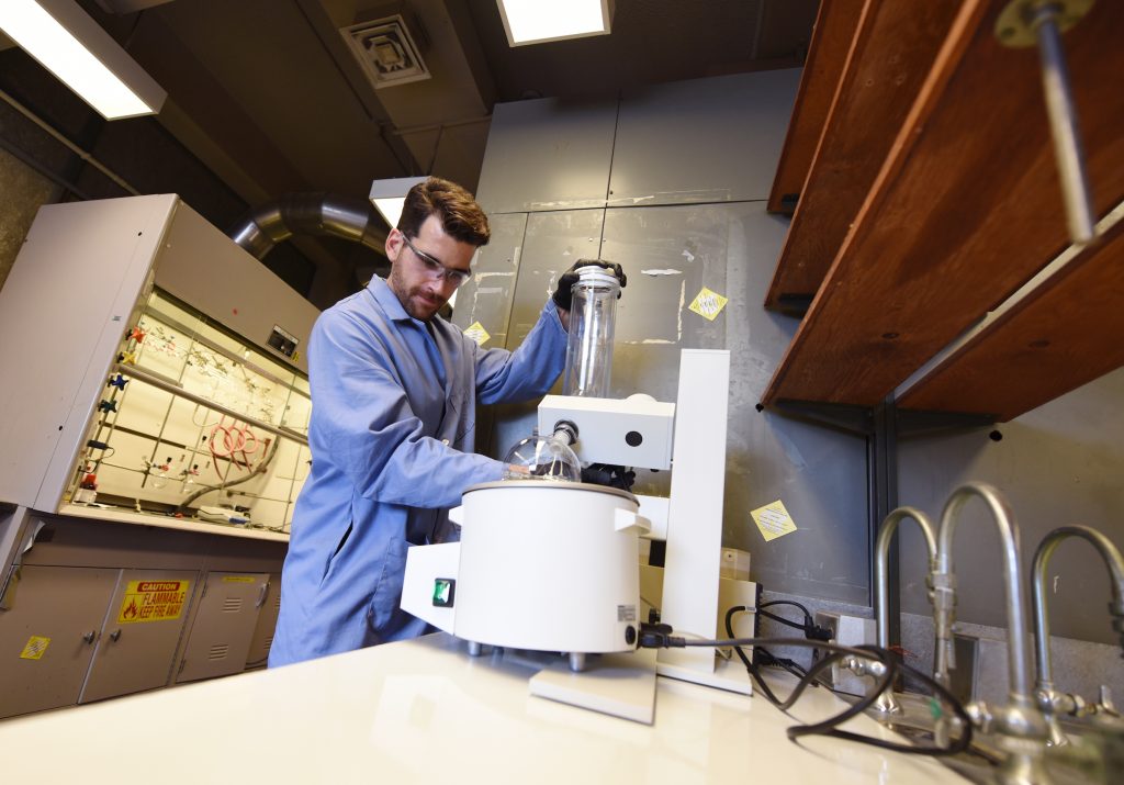 Assistant chemistry professor Frank Leibfarth has spent the weeks leading up to the school year prepping to teach his first course in the fall while also retrofitting an outdated lab in Kenan Laboratories to house his research group. (Photo by Melanie Busbee)
