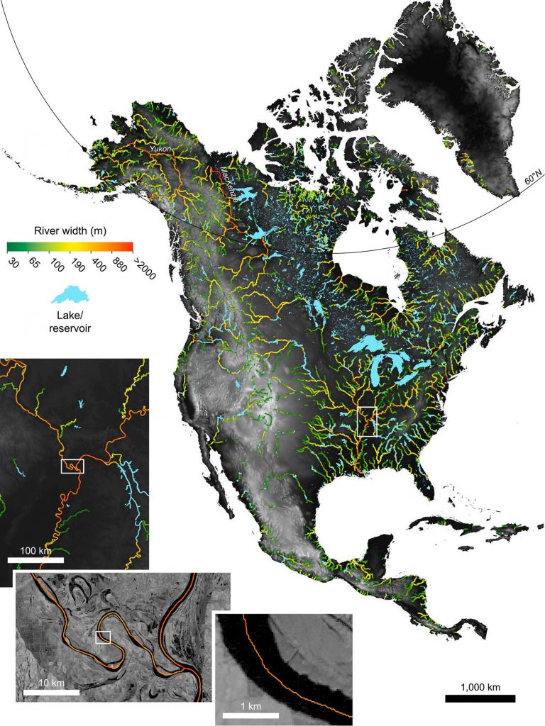 This map shows the width of North American rivers wider than 100 meters. Pavelsky and his graduate student George Allen discovered there are about 20 percent more rivers and streams on the continent than predicted previously. (photo courtesy of Tamlin Pavelsky)