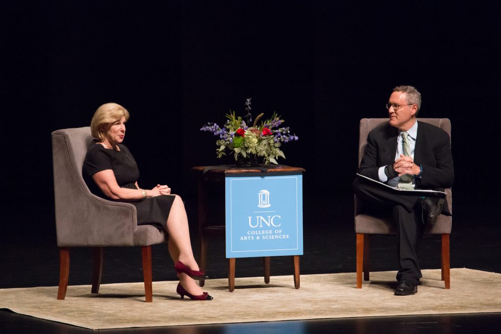 Nina Totenberg in a conversation on "The Supreme Court and the Presidency" with UNC School of Law's Michael Gerhardt. (photo by Kristen Chavez)