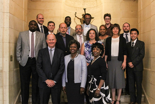 Bottom row, left to right, James W. Dean Jr., Felicia A. Washington and G. Rumay Alexander pose with the winners of the 2017 University Diversity Awards. They are, middle row, from left: Dexter Robinson, Mark Katz, Ted Shaw, Mark Dorosin, Jennifer Watson Marsh, Regina Newell Stephens, Elizabeth Haddix, Brent J. Ducharme; Johnny Vang; and top row, from left, Ryan Spurrier, Christopher Wallace, Kenneth Ward and Stephen Krueger. Photo by Brianna Ladd.