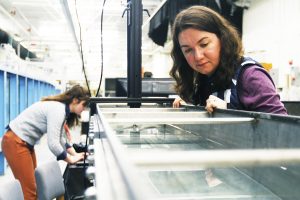 Kaylyn Gootman observes the water in the racetrack flume, as her undergraduate research assistant Savannah Swinea sets the Acoustic Doppler Velocimeter (ADV).